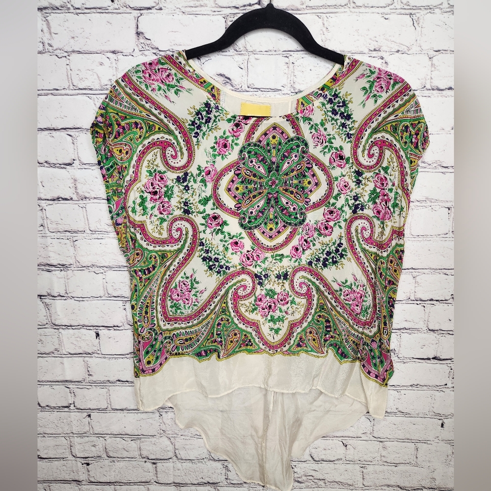 Anthropologie Maeve Silk Top Womens Size 0 Pink Green